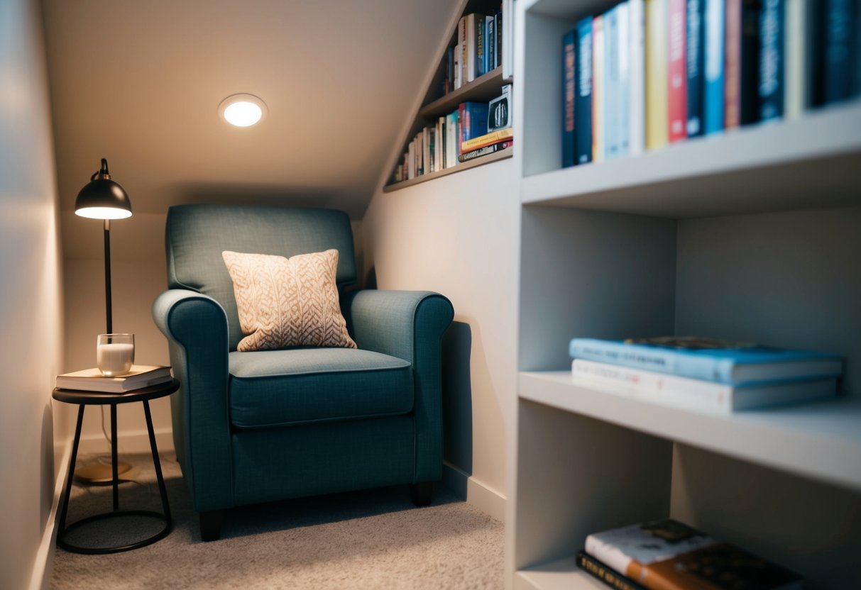 A cozy nook in a compact living area, featuring a comfortable armchair nestled in a corner with soft lighting and a small side table for books and a warm beverage