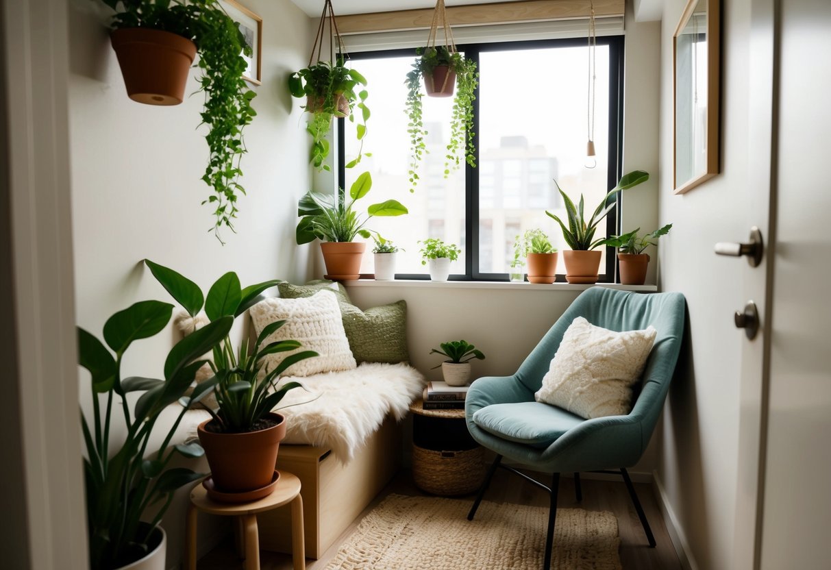 A cozy nook with potted plants, hanging greenery, and a comfortable chair nestled in a small corner of a compact living area