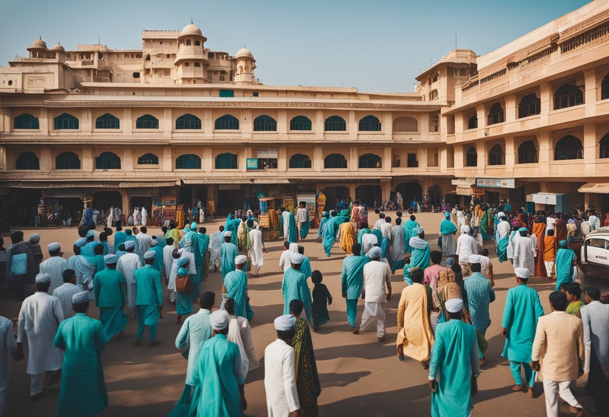 A bustling hospital in Jaipur, with patients entering and leaving, surrounded by bustling city streets and vibrant colors