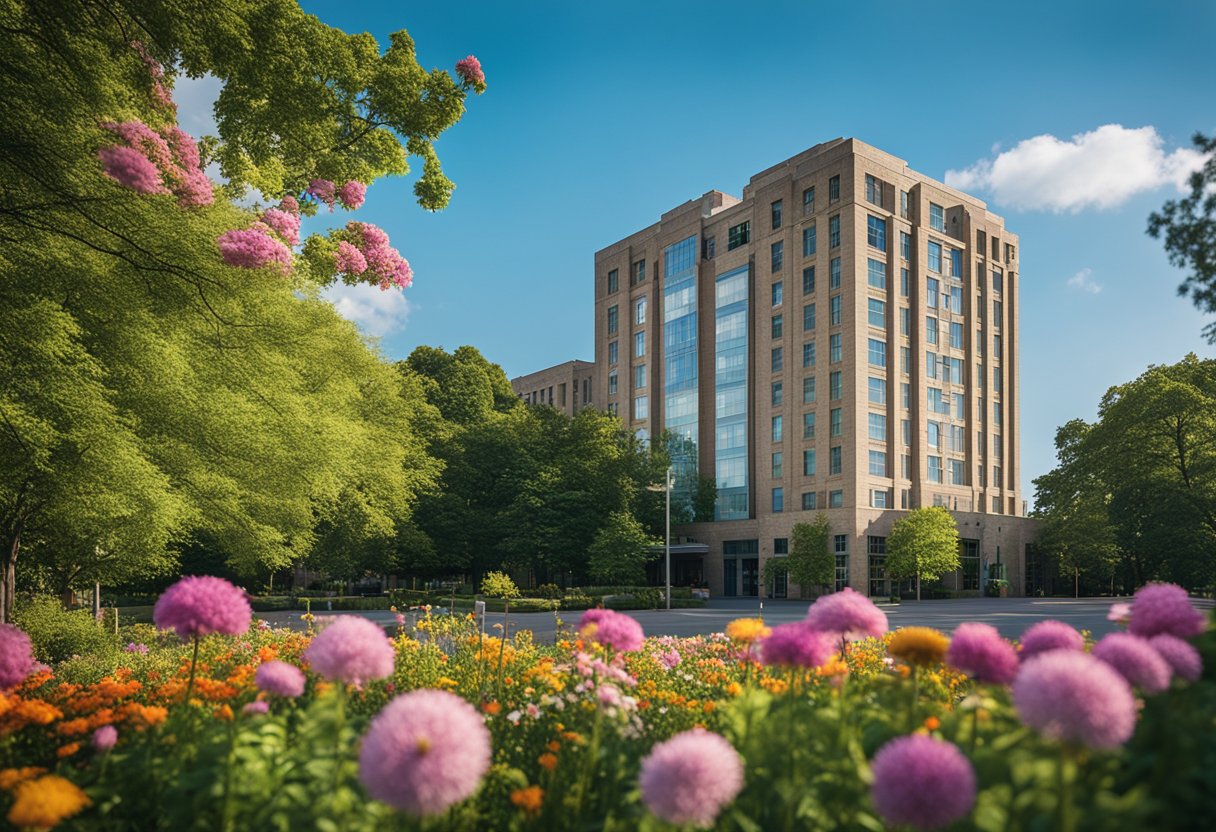 The hospital building stands tall against a clear blue sky, surrounded by lush green trees and colorful flowers in the foreground