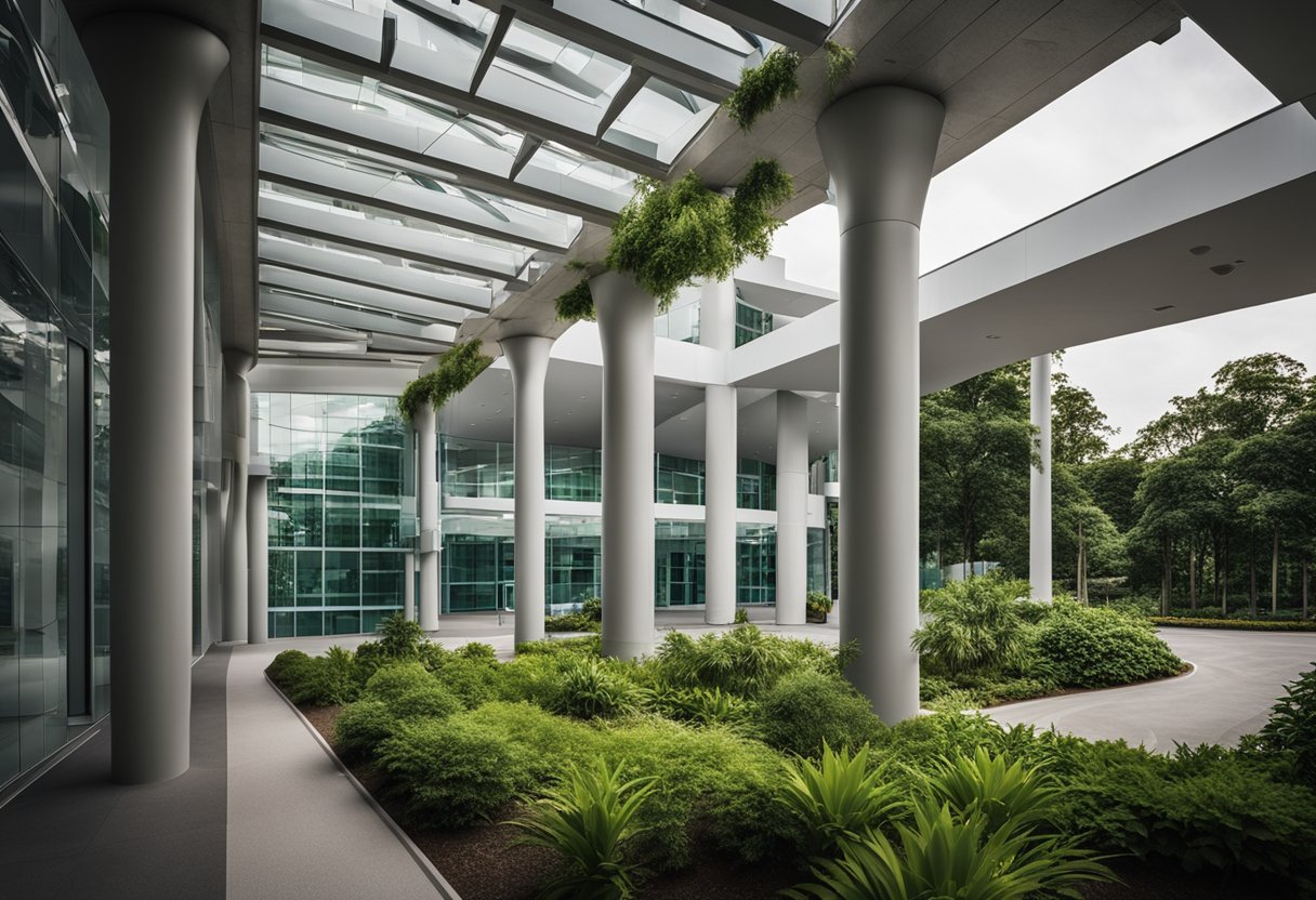 A modern hospital building with a spacious parking lot and lush greenery surrounding the entrance
