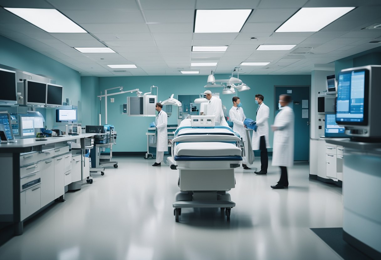 A bustling hospital with medical professionals in white coats, patients in waiting areas, and ambulances arriving