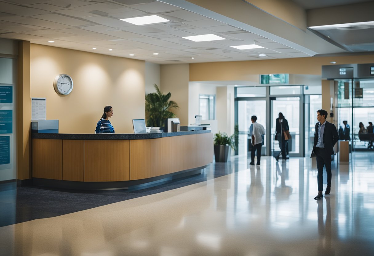 A bustling hospital lobby with a reception desk, waiting area, and people coming in and out