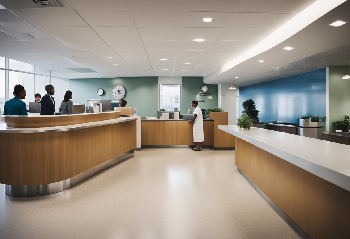 A bustling hospital reception desk with people waiting and staff assisting