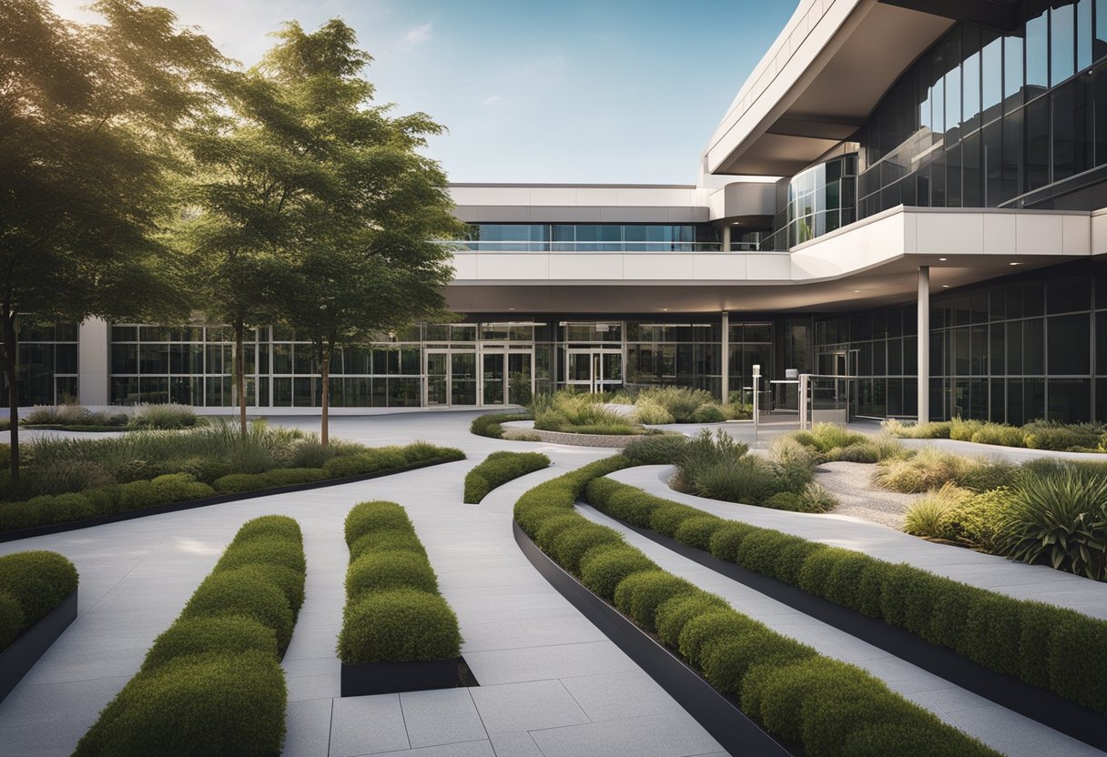 A modern hospital building with a sleek design, surrounded by landscaped gardens and a parking lot
