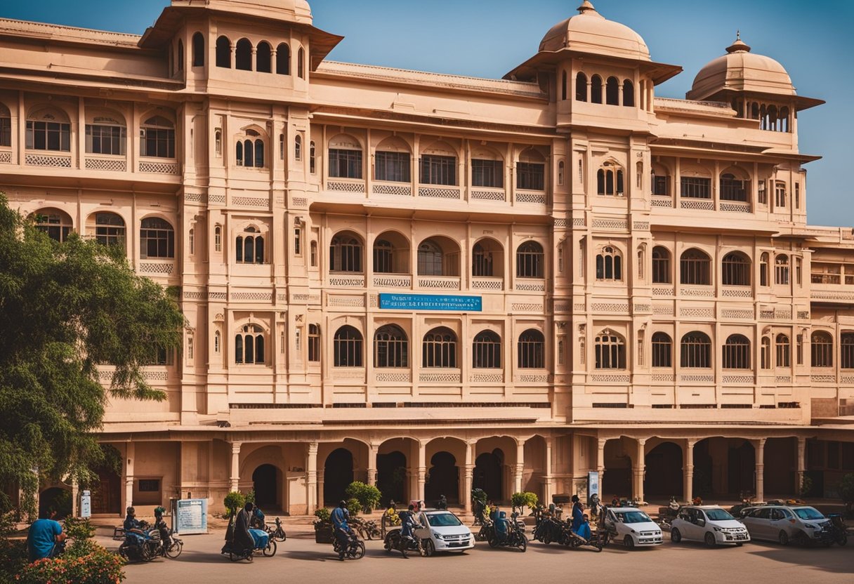 The grand facade of Khandaka Hospital and Research Center in Jaipur, with bustling activity and a sense of modernity