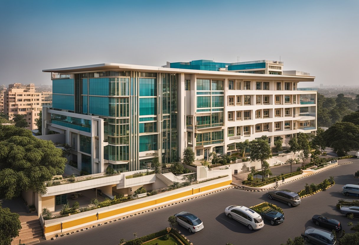 The R&D building at Khandaka Hospital, Jaipur, with modern architecture and a bustling atmosphere