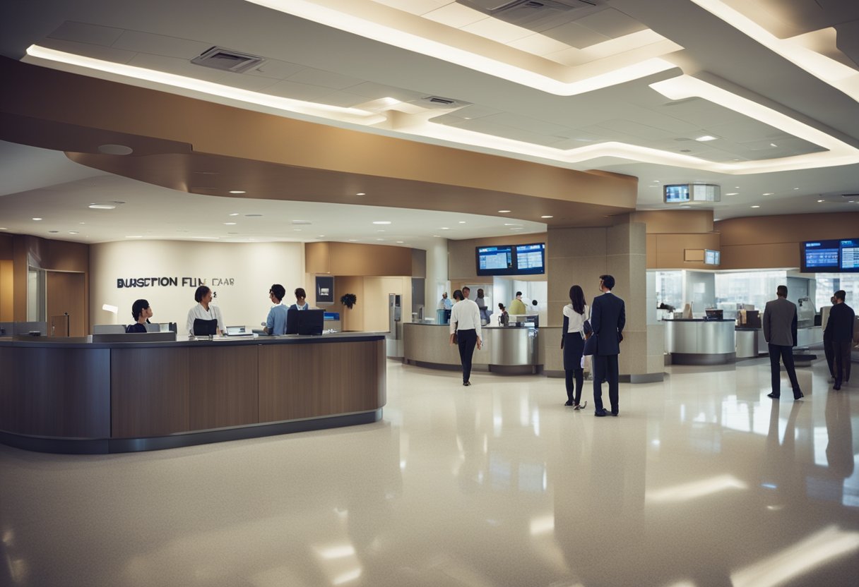 A bustling hospital lobby with people waiting, reception desk, and a prominent FAQ board