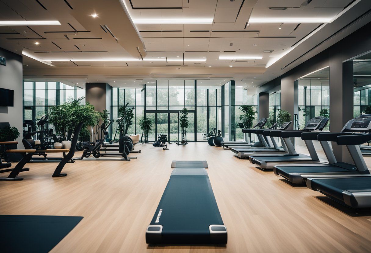 A modern fitness center with sleek architecture and lush landscaping, surrounded by positive reviews and satisfied customers