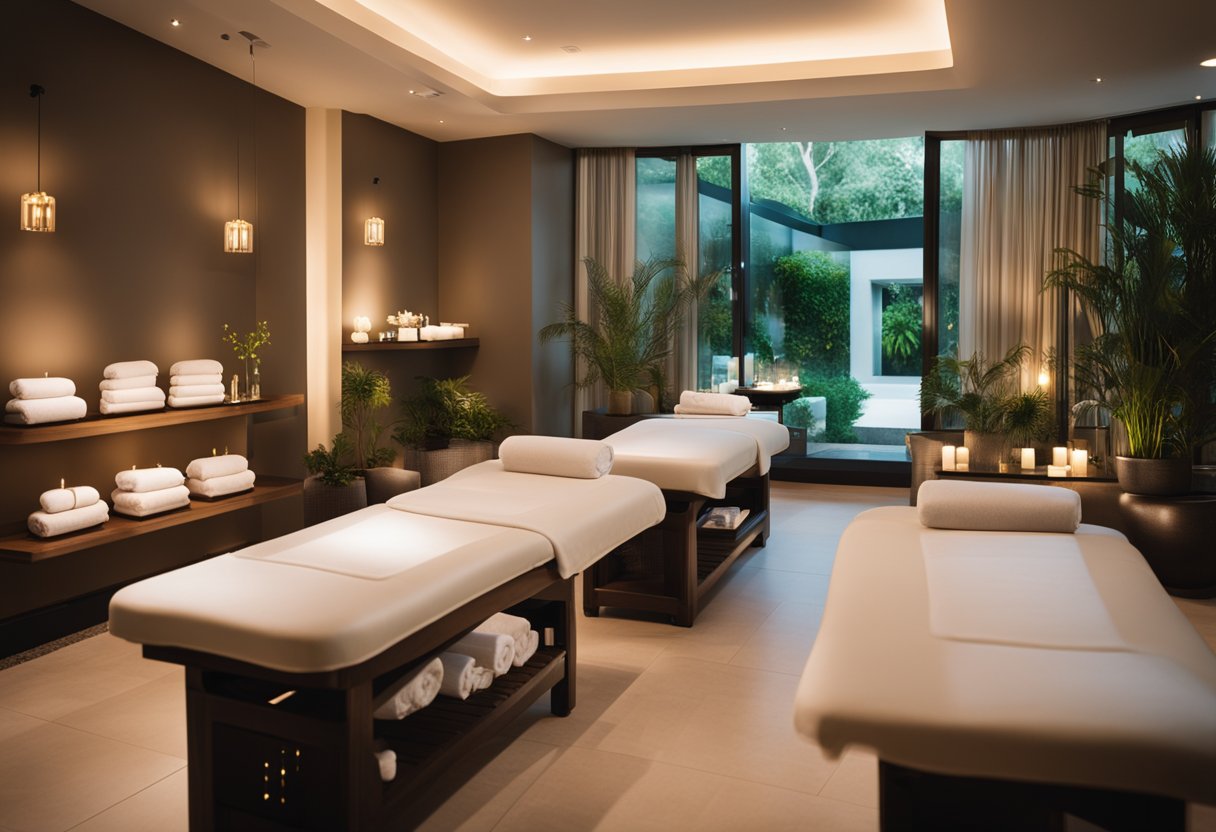 A serene spa setting with massage tables, calming decor, and soft lighting. Customers relax in a peaceful, luxurious environment