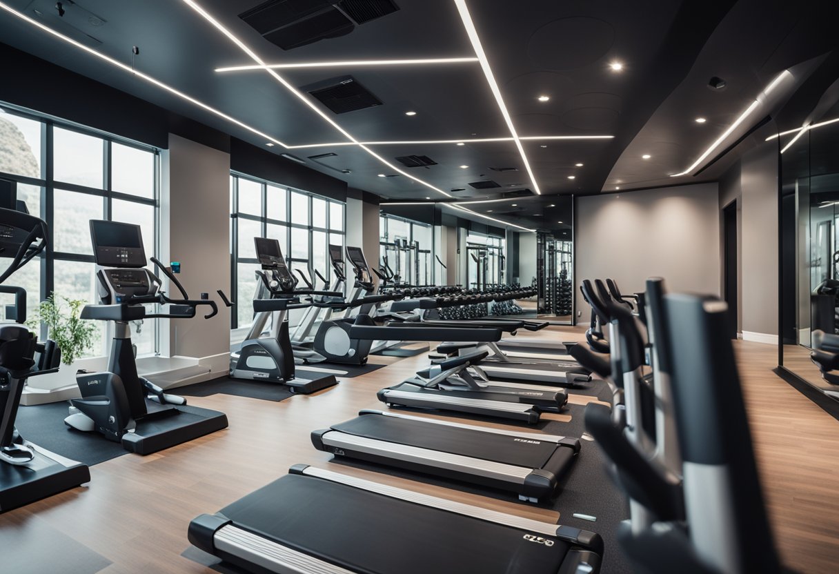 A modern fitness center with sleek equipment, calming colors, and professional staff assisting clients