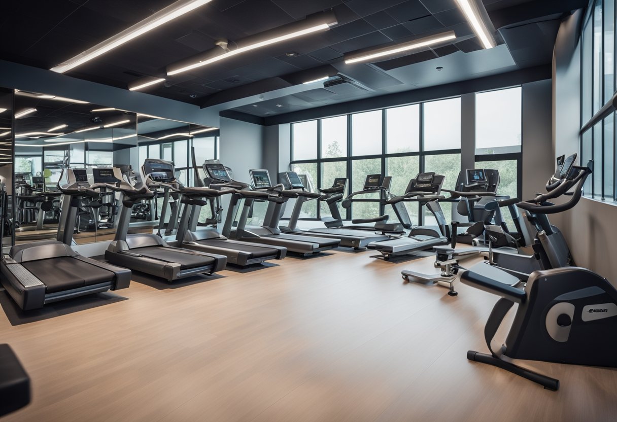 A modern fitness center with clean, well-maintained equipment and signage outlining safety and hygiene protocols