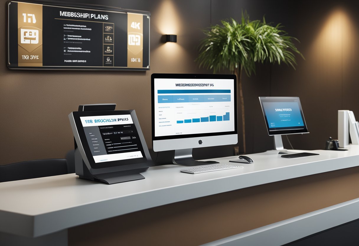 A modern gym reception desk with a computer, brochures, and a sign displaying membership plans and reviews