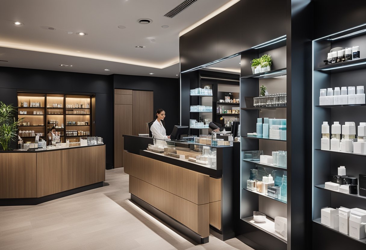 A busy reception area with people waiting, a friendly staff member assisting a customer, and a display of skincare and fitness products on shelves