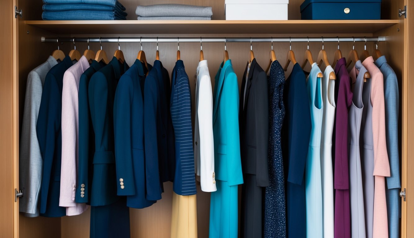 A well-organized closet with neatly hung blazers, pencil skirts, and tailored dresses in a color-coordinated palette