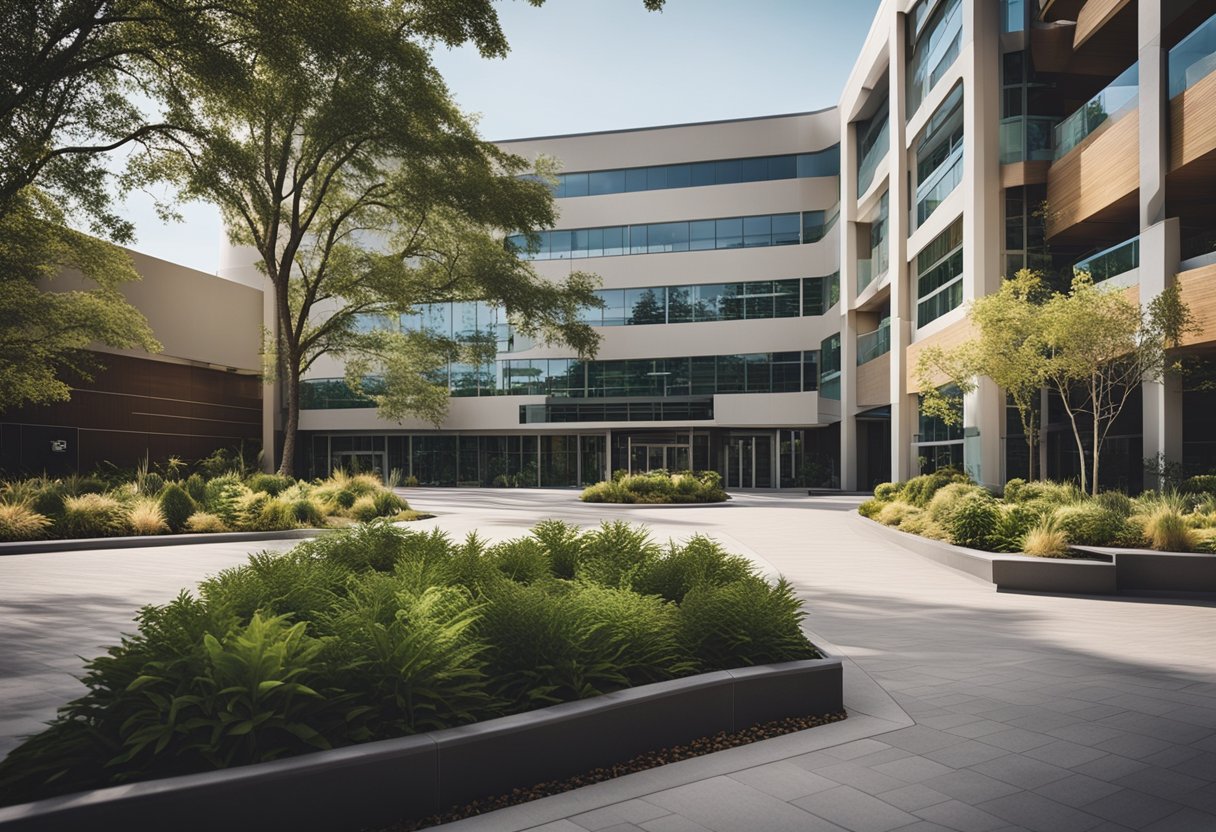 A modern hospital building with a prominent sign, surrounded by landscaped gardens and a parking lot