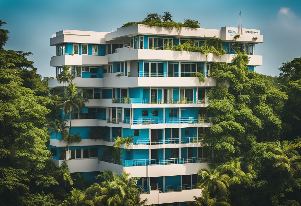 The iconic Dhanush Hospital building with surrounding greenery and a clear blue sky