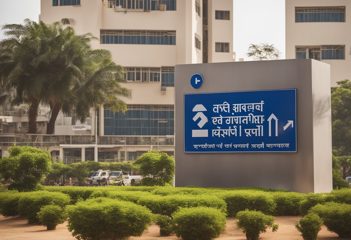 A modern hospital building with a prominent sign reading "Dhanush Hospital Jaipur." Surrounding area shows signs of a bustling healthcare facility