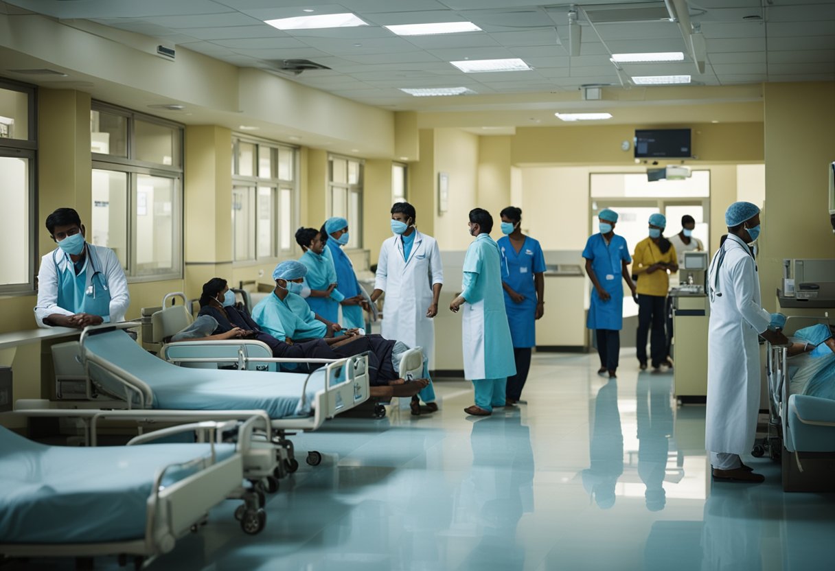 The bustling lobby of Dhanush Hospital, with staff and specialists attending to patients