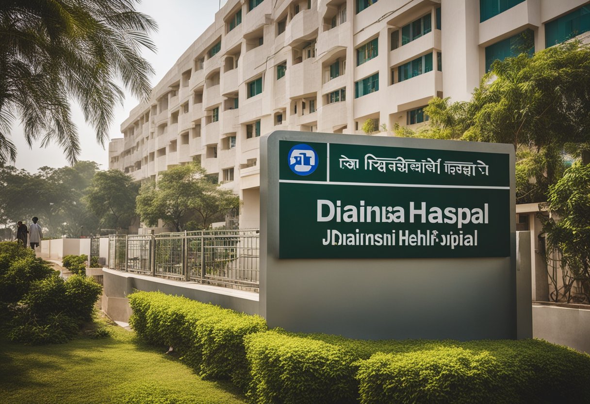 A modern hospital building with a prominent sign reading "Dhanush Hospital Jaipur". A steady stream of people entering and exiting