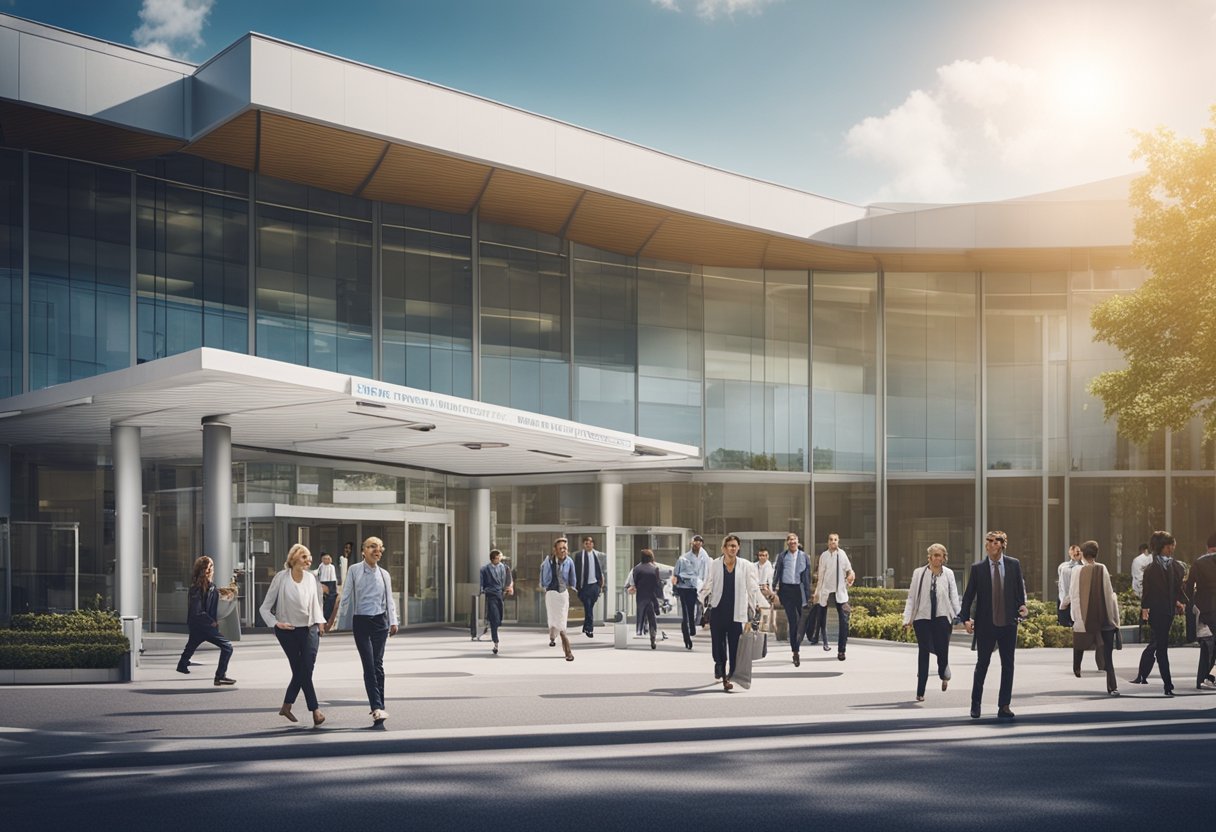 A bustling hospital entrance with signage and people coming and going