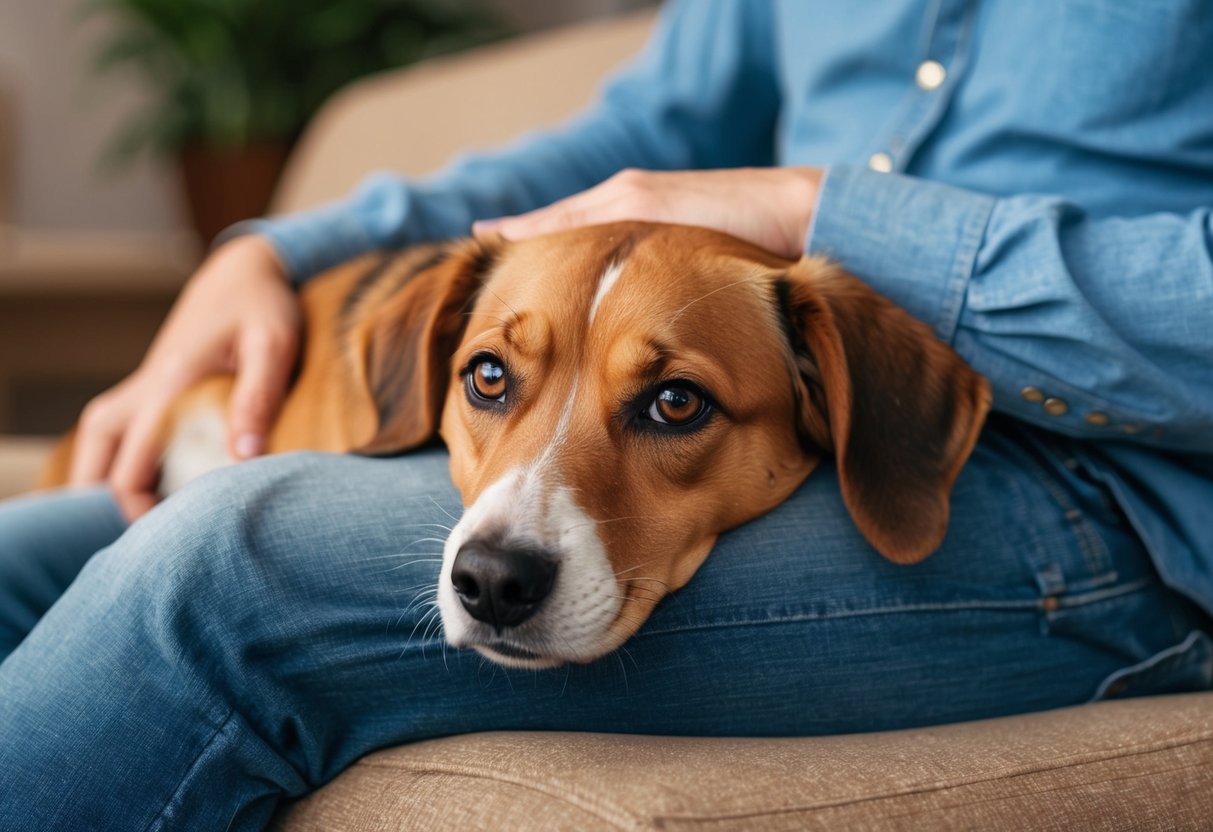 A dog resting its head on a person's lap, gazing up with adoring eyes