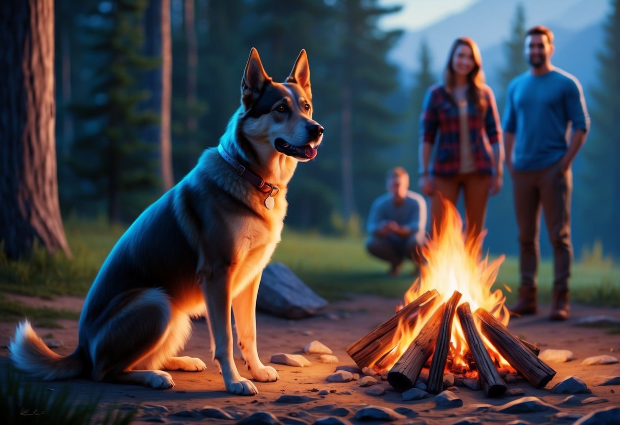 A loyal dog sitting beside a campfire with humans in the background