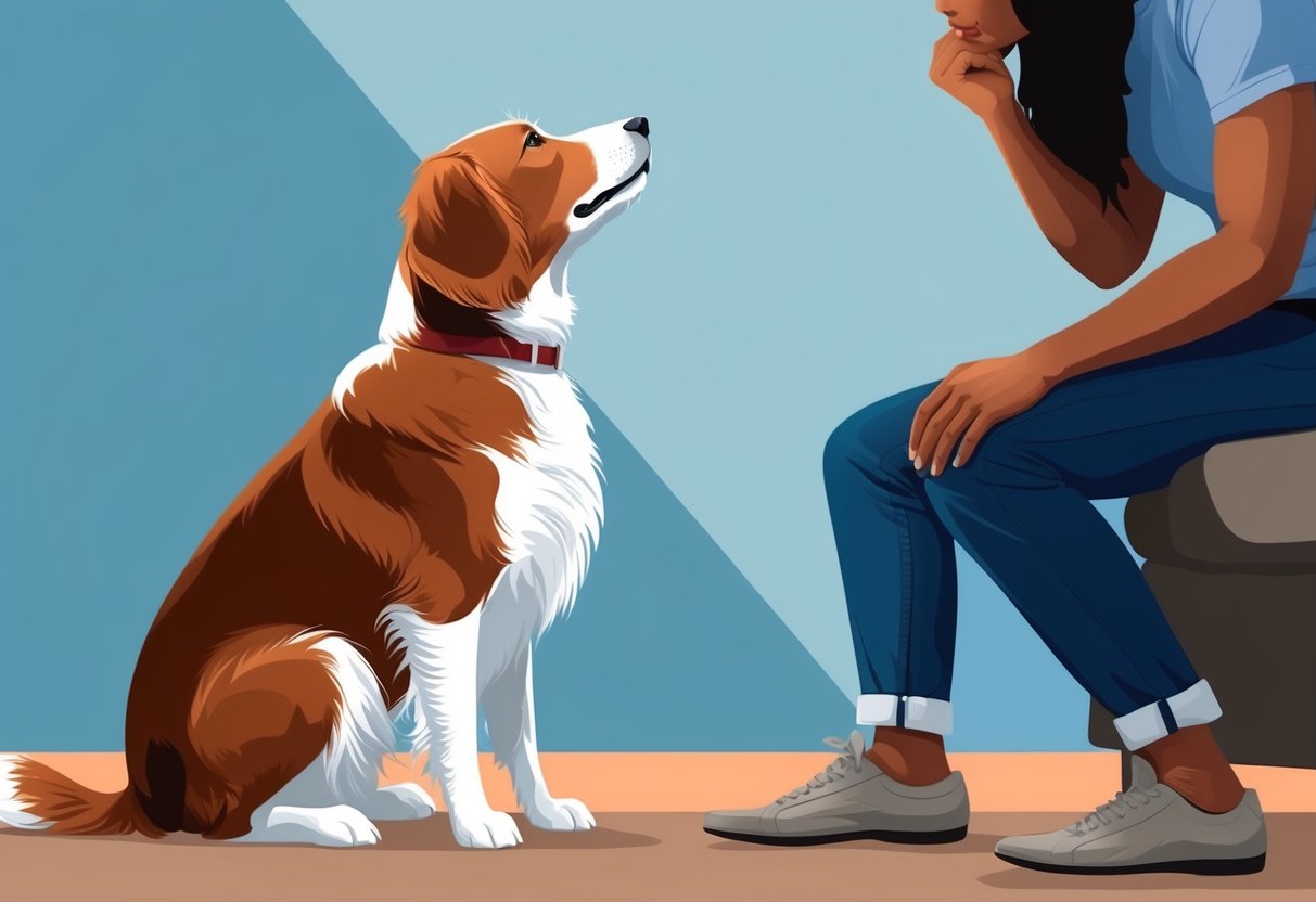 A dog sitting by its owner's side, looking up with adoring eyes