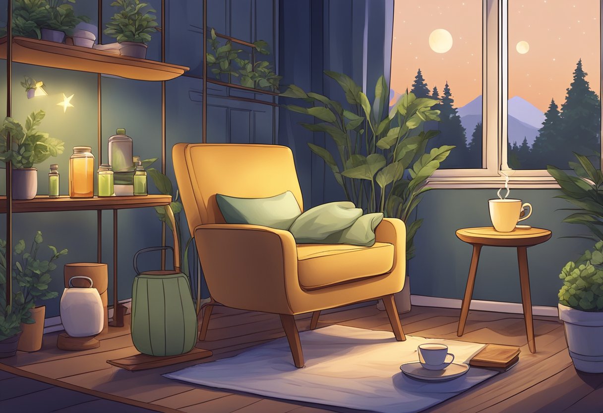 A cozy night scene with a variety of calming herbal teas, a comfy chair, and a peaceful sleeping environment