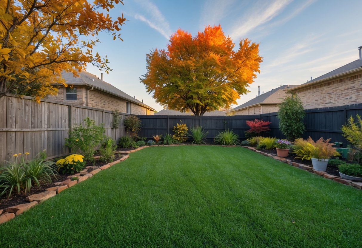 A Texas backyard with vibrant autumn foliage, neatly trimmed grass, and carefully pruned plants, ready for the upcoming season