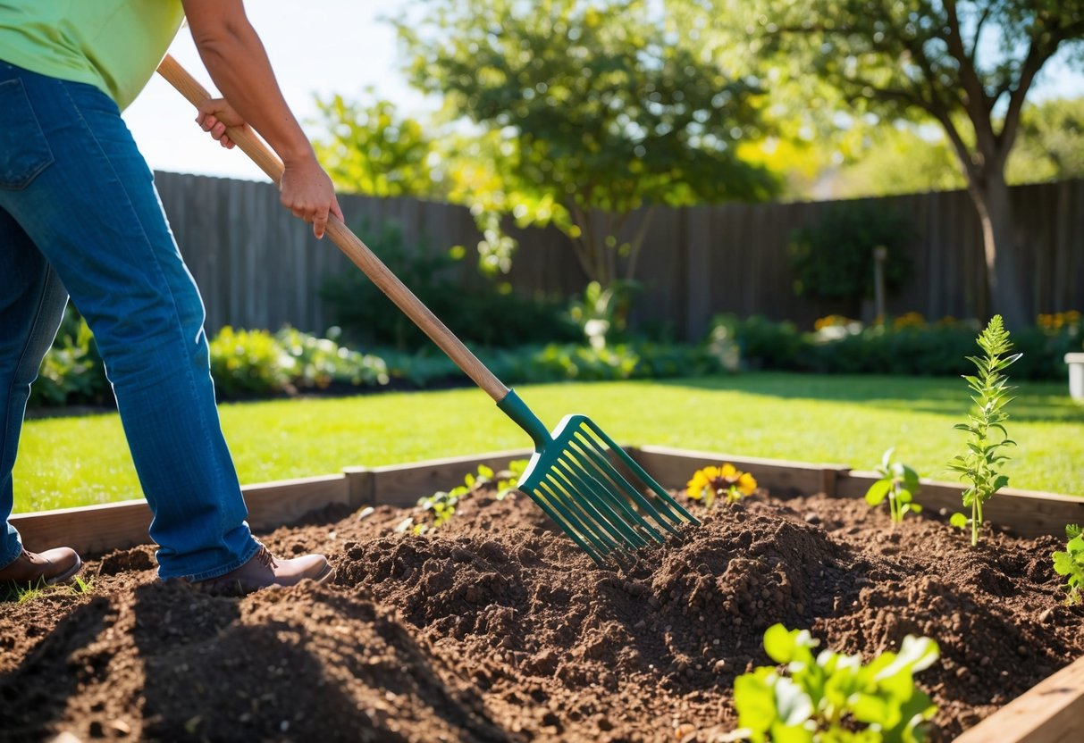 A person uses a rake to turn over the soil in a Texas backyard, getting it ready for fall planting. The sun is shining, and the garden is surrounded by lush greenery