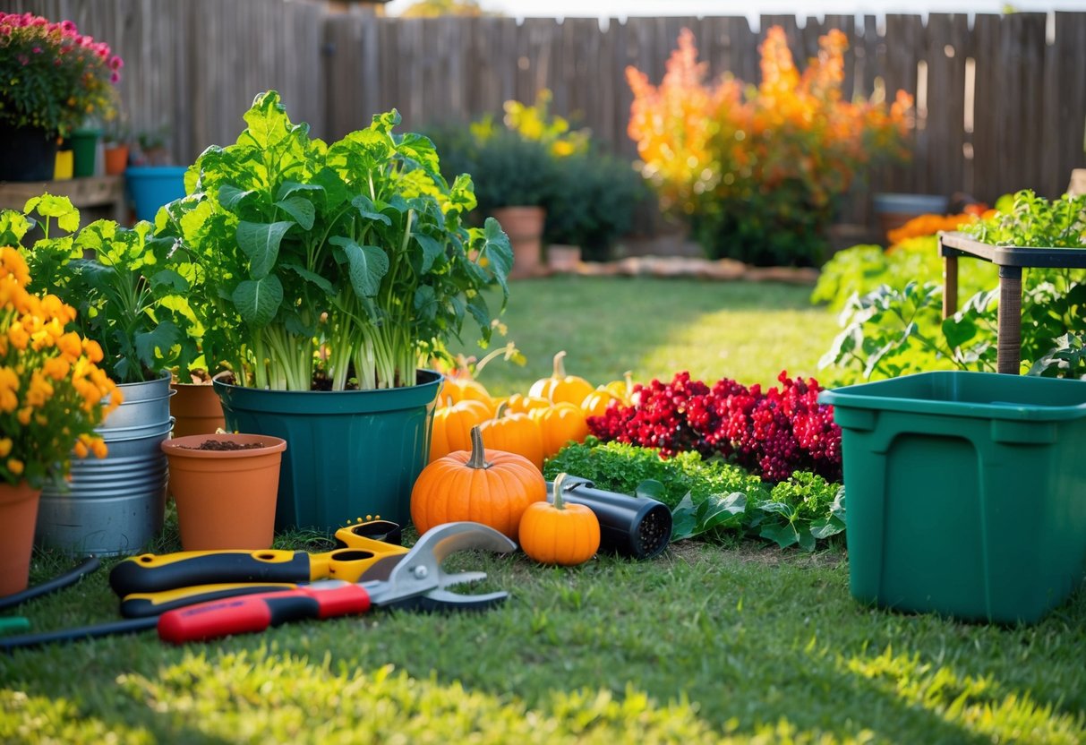 A Texas backyard with vibrant fall crops being carefully selected and prepared for planting, surrounded by tools and gardening supplies