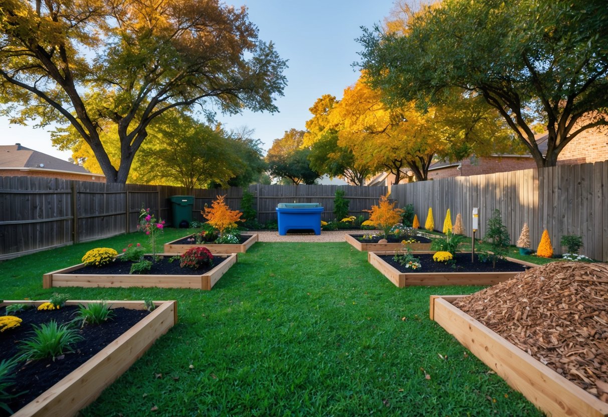 A Texas backyard with vibrant fall foliage, neatly arranged garden beds, and strategically placed seasonal decorations. A compost bin and mulch pile are visible, ready for use