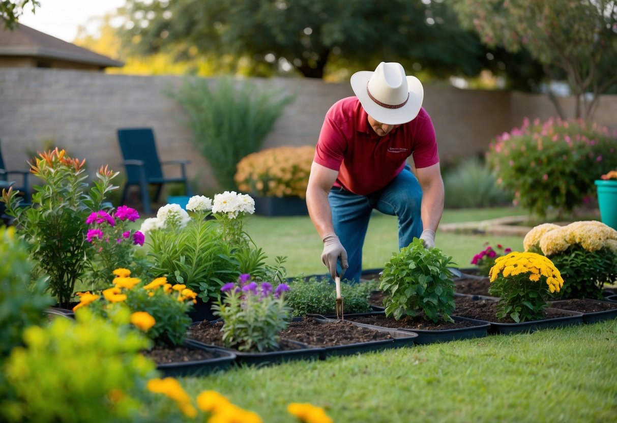 A gardener carefully plants and transplants various flowers and shrubs in a Texas backyard, preparing for the fall season