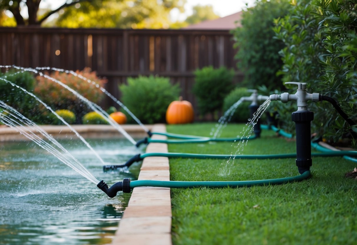 A lush Texas backyard with various watering and irrigation methods in action, ensuring the landscape remains vibrant and healthy throughout the fall season