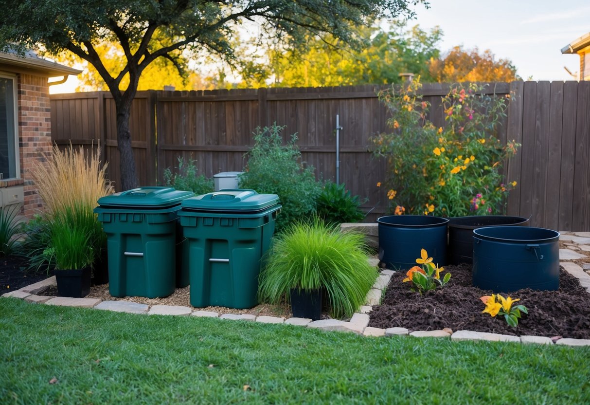 A Texas backyard with compost bins, rain barrels, and native plants being pruned and mulched for fall