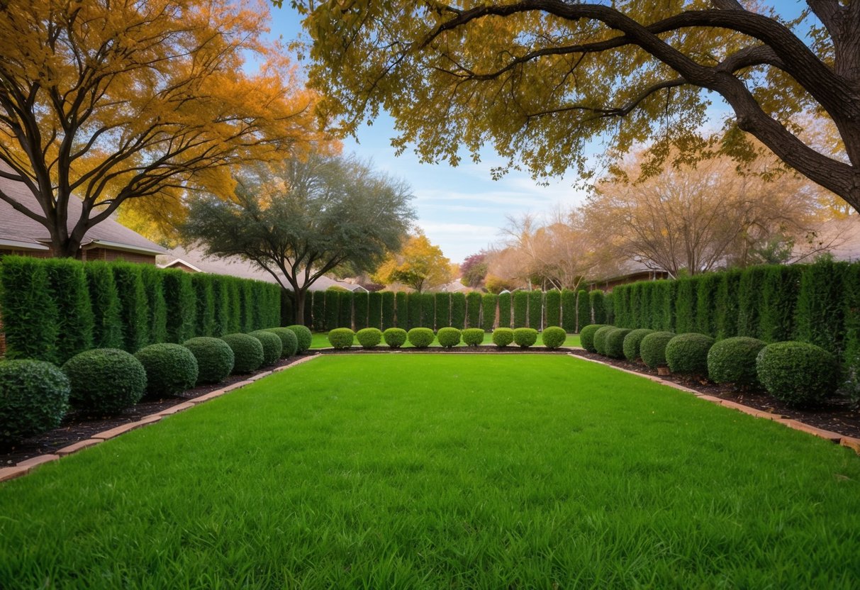 A Texas backyard with vibrant green grass and neatly trimmed bushes, surrounded by trees shedding colorful autumn leaves