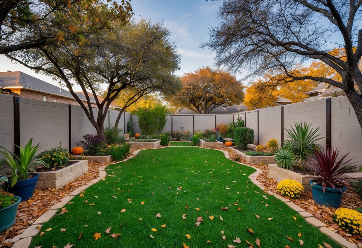 A colorful Texas backyard with a variety of plants and trees, surrounded by protective barriers and supportive structures. Fallen leaves and a crisp autumn atmosphere indicate preparation for the upcoming season