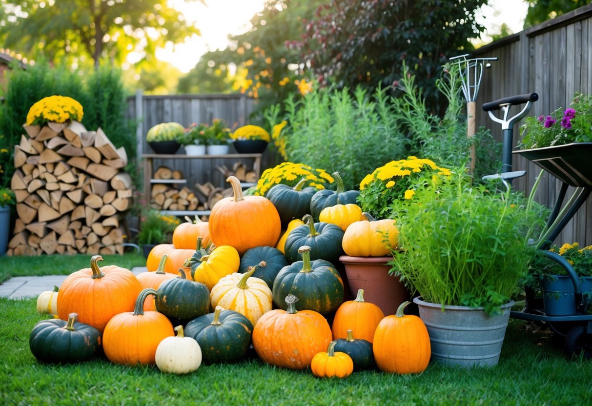 A colorful backyard garden bursting with ripe pumpkins, vibrant squash, and flourishing herbs, surrounded by neatly stacked firewood and well-maintained garden tools