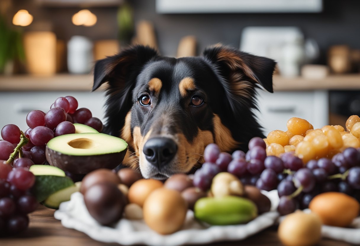 A dog surrounded by common toxic foods like chocolate, grapes, onions, garlic, avocado, and xylitol