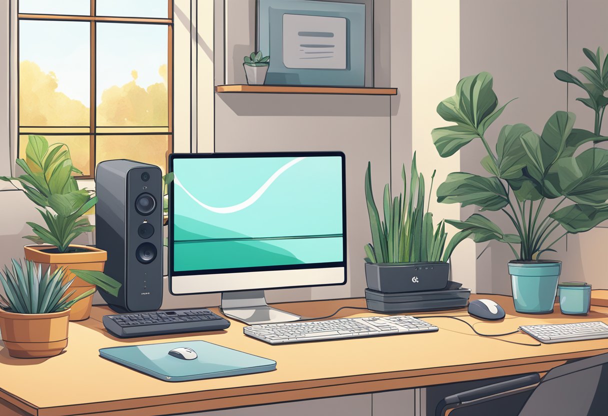 A Logitech camera sits on a clutter-free desk, facing a sunny window with a potted plant and a neatly arranged keyboard and mouse