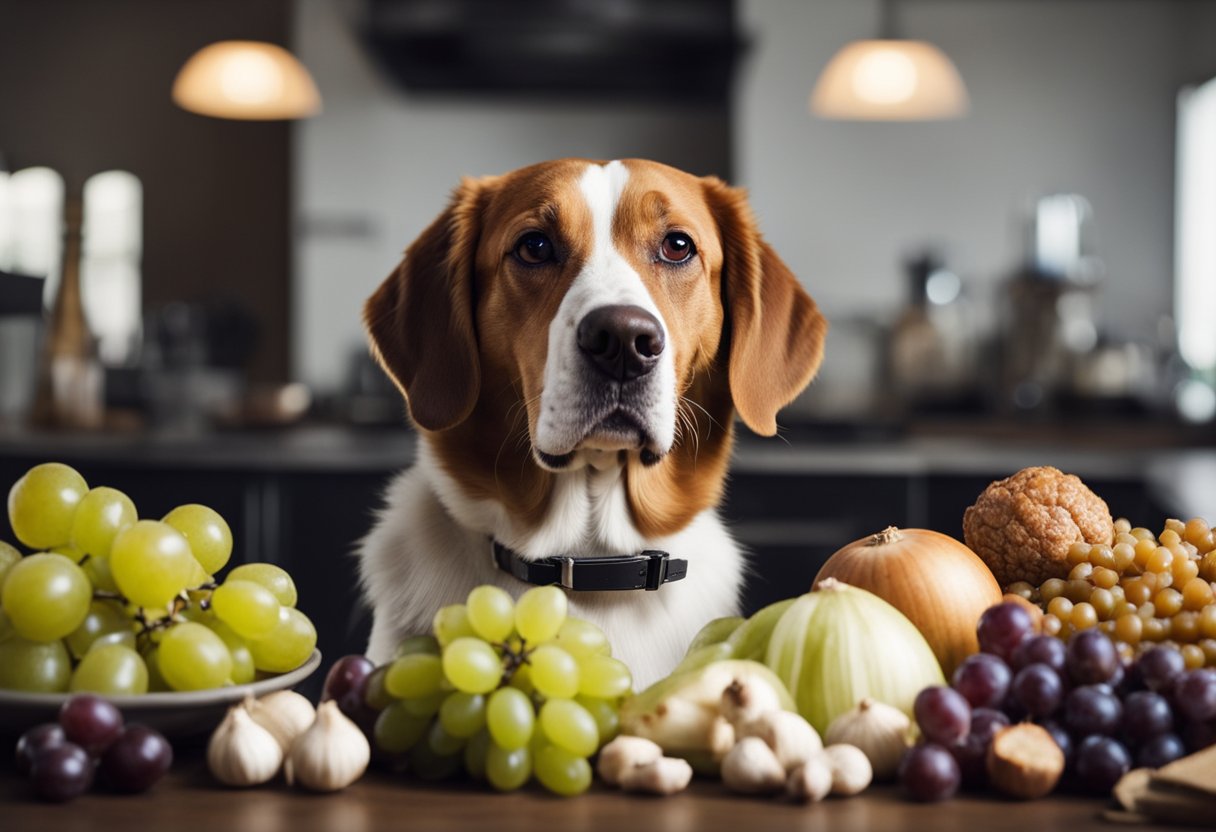 A dog surrounded by common toxic foods such as chocolate, grapes, onions, and garlic, with a warning sign nearby