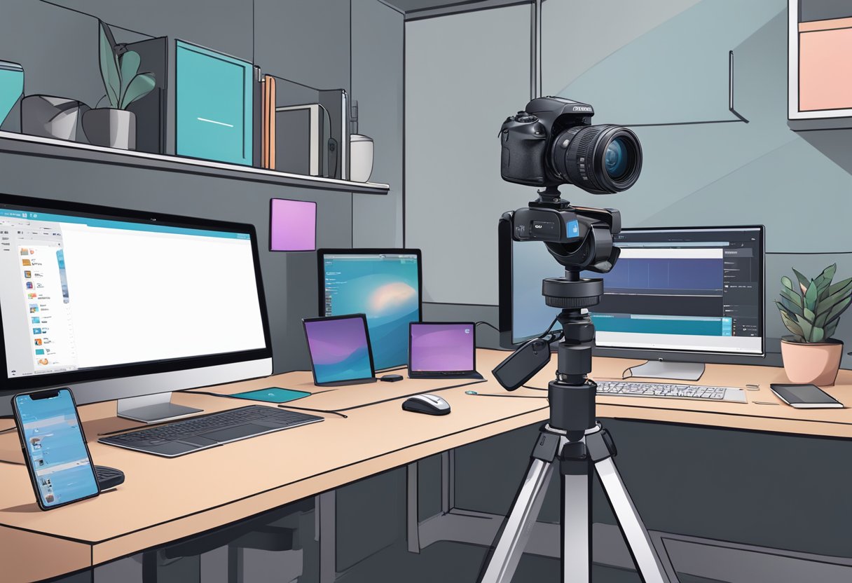 A Logitech camera mounted on a tripod, facing a computer setup with streaming and content creation software open. Lighting equipment is positioned for optimal visibility