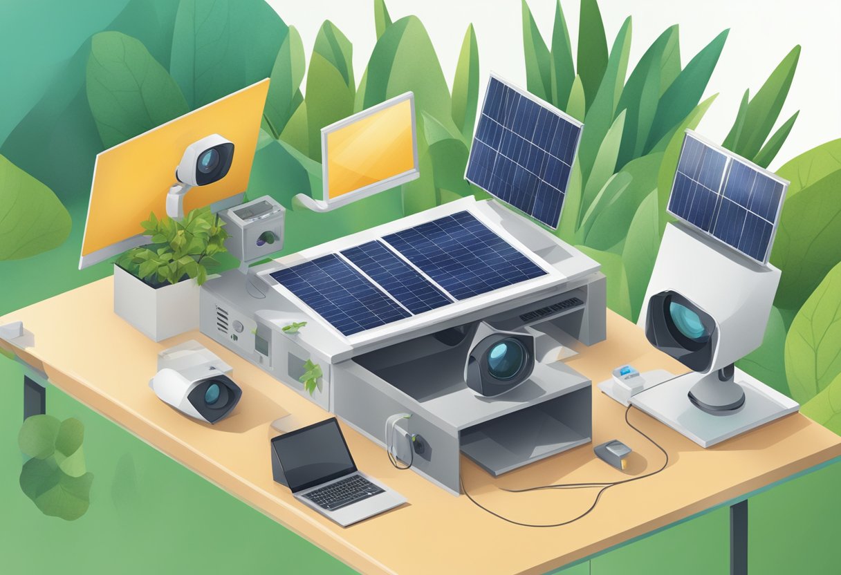 A Logitech camera capturing a modern, eco-friendly technology setup with solar panels and recyclable materials