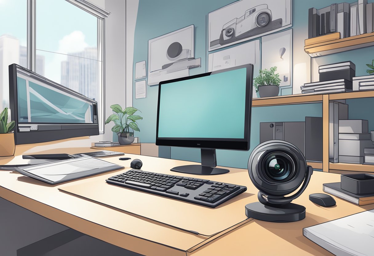 A Logitech camera sitting on a clean, modern desk with a computer and office supplies in the background