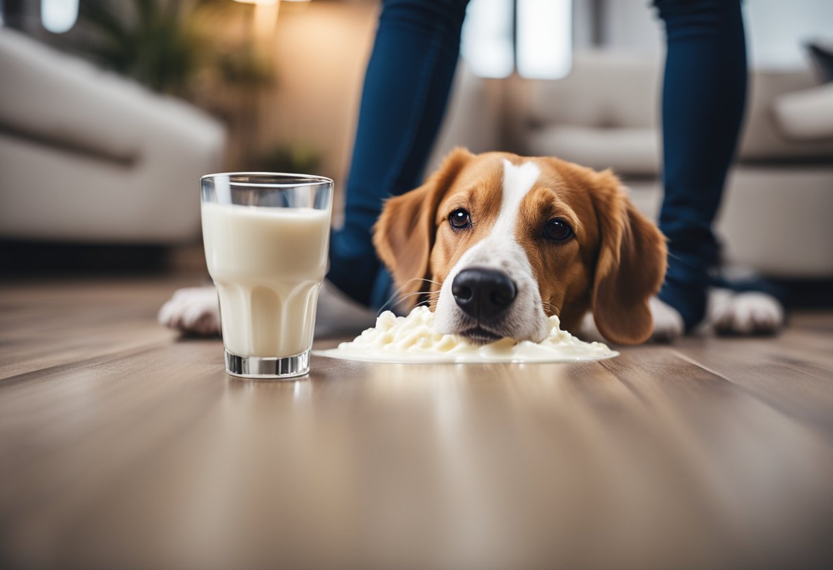 A dog eagerly licking yogurt from a bowl on the floor