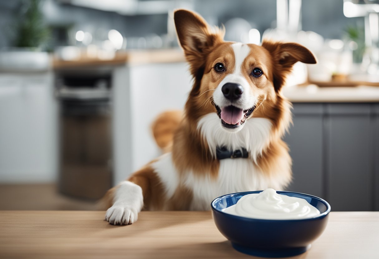 A happy dog with a bowl of yogurt, wagging its tail eagerly