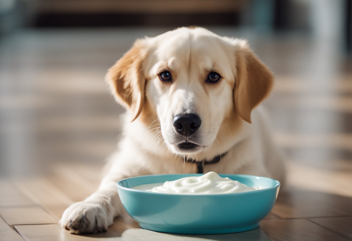 A dog happily eating yogurt from a bowl on the floor