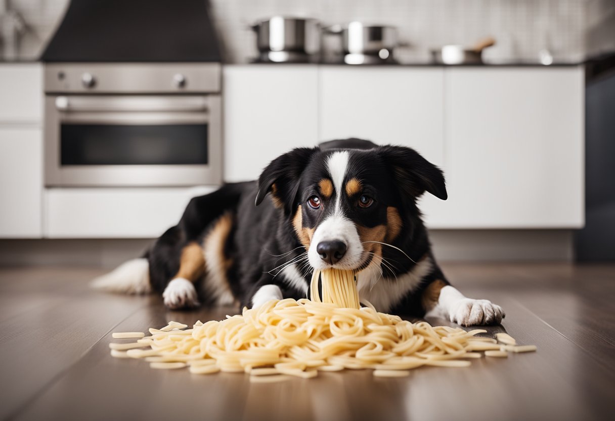 A dog eagerly eats pasta from a bowl on the floor