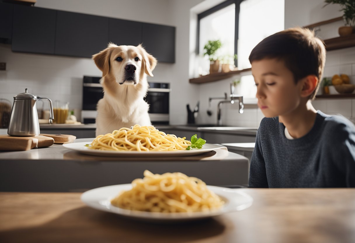 A dog eagerly looks up at a plate of pasta on a kitchen table, while a concerned owner watches from the background